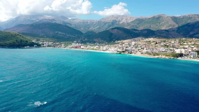 Birdseye view of Himara Beach and Adriatic Sea. Beautiful water Albania Riviera