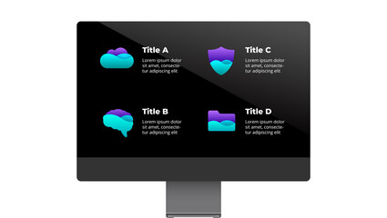 iMac mock up. Infographic slide template. 4 options, steps, processes. Electronic device presentation. User interface and experience computer screen. 