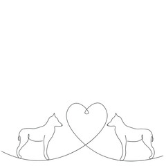 Dogs love heart line drawing vector illustration