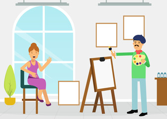 Mustached Man Artist in Beret Painting Woman Portrait with Drawing Easel Vector Illustration