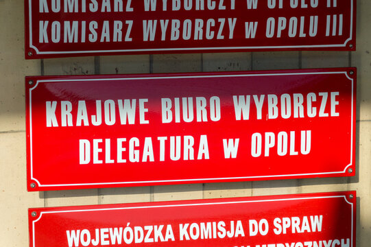 Opole, Poland - June 4, 2021: Sign National Electoral Office in Opole (Polish: Krajowe Biuro Wyborcze w Opolu) part of National Electoral Commission.