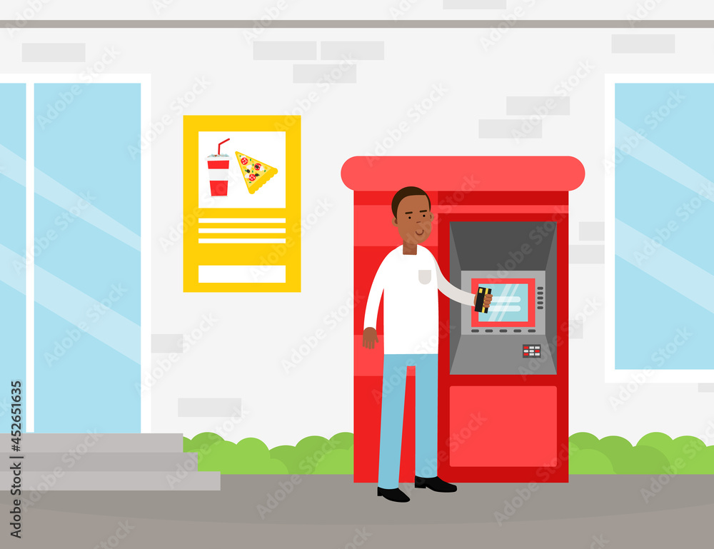 Poster man character getting cash and making payment with atm machine vector illustration