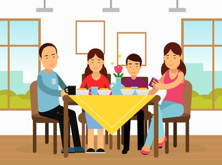 Happy Family with Mother, Father and Kids at Dining Table Together Vector Illustration