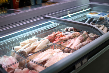 Frozen seafood in the refrigerator. Supermarket food