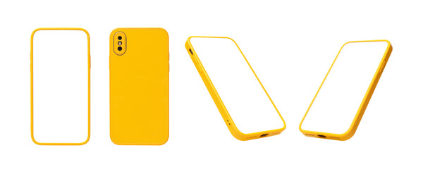 flat rays ,collection of yellow smartphone mockup blank screen isolated on white background