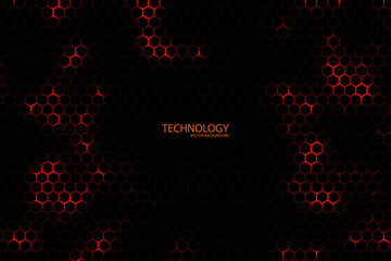 Technology hexagonal vector background. Bright red energy blazes under the hexagon in a dark modern futuristic illustration. Black mesh with honeycomb structure.