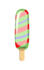 Striped Ice cream. Summer food sweet dessert. Flat design. Object is isolated on a white background. Popsicle on a stick. Illustration Vector