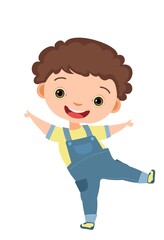 Child funny. Little boy. In jeans clothes. Kid jumps for joy. Charming active cute character. Cute kid. Face wobble smile. Cartoon style. Isolated on white background. Vector
