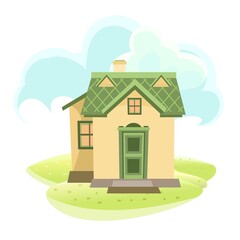 Fototapeta premium Little Cartoon house in the meadow. Beautiful view. Cozy rustic dwelling in a traditional European style. Rural landscape. Nice funny home. Isolated on white background. Vector