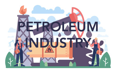 Petroleum industry typographic header. Pumpjack platform extracting crude