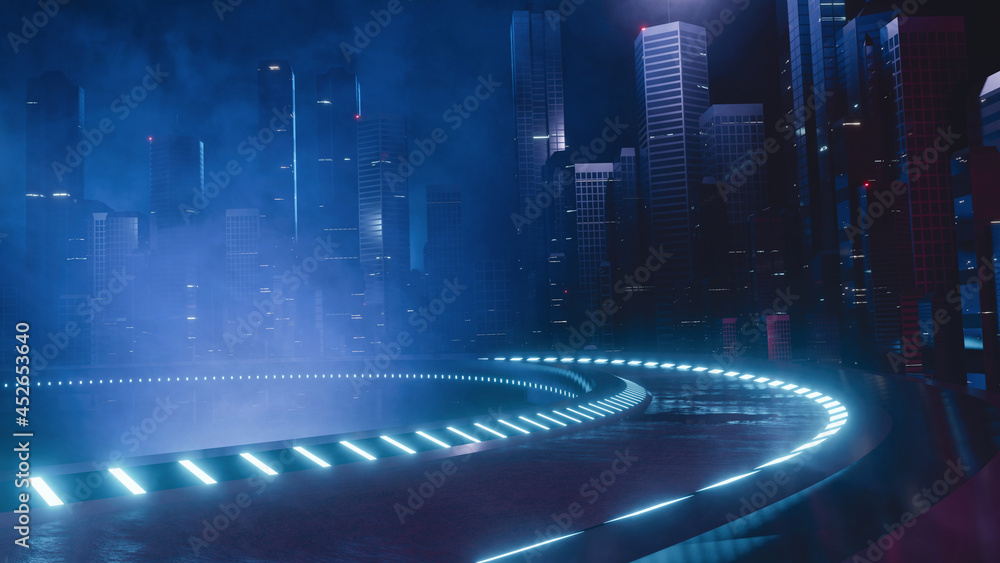 Poster 3d rendering of warp speed in hyper loop with blur light from buildings' lights in mega city at nigh