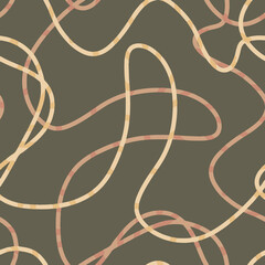 olive and beige curly intertwining endless thin lines abstract seamless pattern