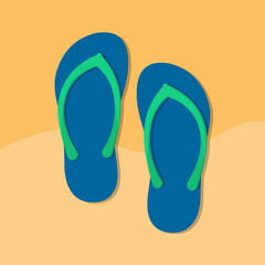 Beach slippers simple illustration clip art vector. flat design vector. beach sand background.