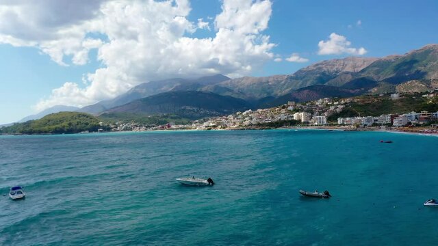 Birdseye view of Himara Beach and Adriatic Sea. Beautiful water Albania Riviera