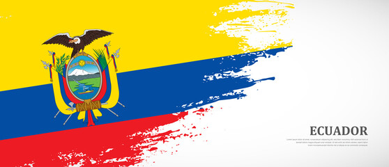National flag of Ecuador with textured brush flag. Artistic hand drawn brush flag banner background - obrazy, fototapety, plakaty