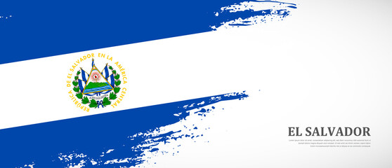 National flag of El Salvador with textured brush flag. Artistic hand drawn brush flag banner background - obrazy, fototapety, plakaty
