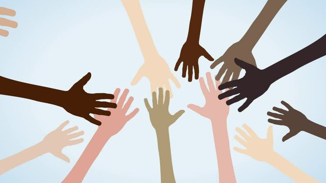 No to racism. Stop to racism and discrimination. Hands of different races touching each other. Cartoon, 2D animation. Animated illustration