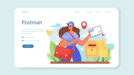 Postman profession web banner or landing page. Post office staff