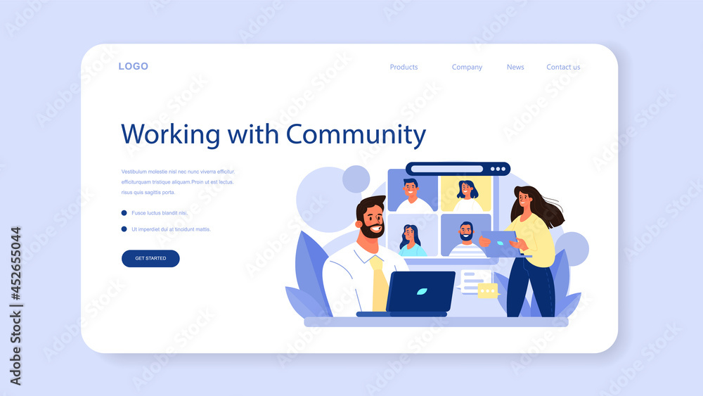 Poster community working web banner or landing page. team building