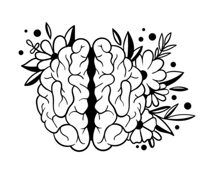 Floral brain isolated single clipart, Mental health or wellness concept, black and white line brain and flowers image for printing or sublimation, digital vector illustration