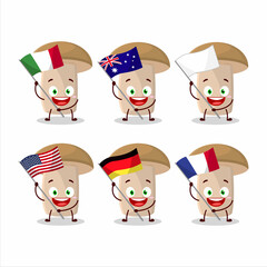 Honey fungus cartoon character bring the flags of various countries