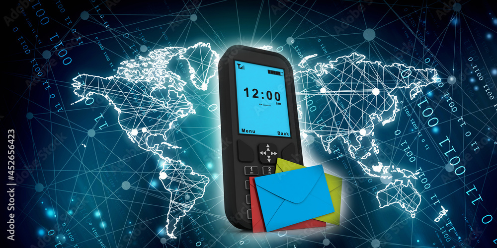 Poster 3d rendering envelope network with mobile phone