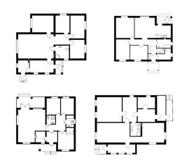 Set of ground floor blueprints. Vector unfurnished floor plans for your design. Suburban house set.