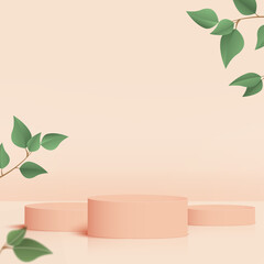 Products display 3d background podium scene with cream shape geometric platform and green leaves. Vector illustration.
