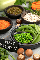 Natural sources of plant protein on light background.