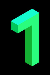 Light green number 7 in isometric style. Isolated on black background. Learning numbers, serial number, price, place.