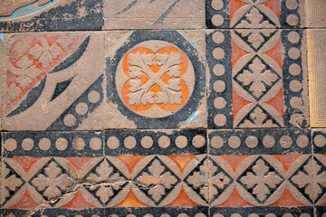 mosaic floor from the medieval period at Corvin Castle in Hunedoara city - Romania 06.Aug.2021 Was built in the 15th century by John of Hunedoara on a rock with an impressive architecture.