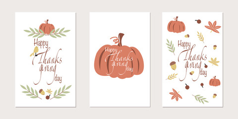 Set of Thanksgiving greeting cards and invitations. Vector illustration. Autumn fall harvest Thanksgiving illustration with pumpkin, autumn oak leaves