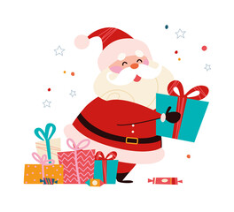 Funny cute Santa Claus character with pile of gift boxes isolated. Vector flat cartoon illustration. For Christmas cards, banners, stickers, tags, patterns etc.