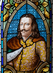 Fototapeta premium Stained glass representing John Hunyadi at the Corvin Castle in Hunedoara - Romania 06.Aug.2021 