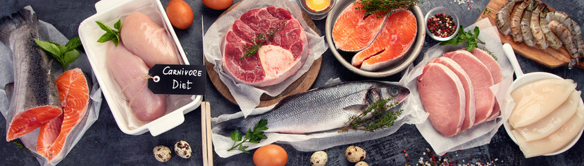 Carnivore diet on dark background.