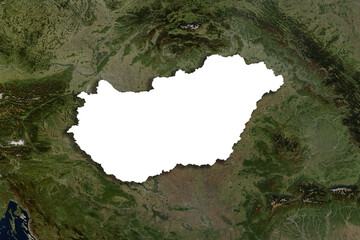 An isolated territory of the state of Hungary is carved on the surface of the physical map of the planet. Illustrative image for background. Elements of this image furnished by NASA.
