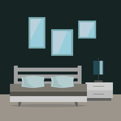 Hotel room interior in flat style. Bedroom design. Icon. Banner. Background. Vector illustration.