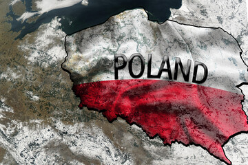 Contour map with flag texture of Poland on planet surface from space. The inscription Poland. View from space. 3D illustration with winter planet. Elements of this image furnished by NASA.