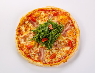 Pizza with bacon and rucola