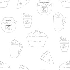 Seamless pattern pumpkin pie coffee jam coloring vector illustration