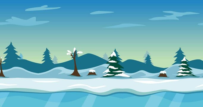 animation : game background in cartoon style snow mountains and nature trees