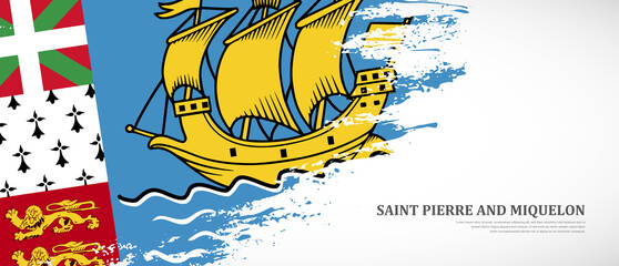 National flag of Saint Pierre and Miquelon with textured brush flag. Artistic hand drawn brush flag banner background