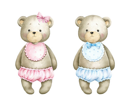 Cute little bears,boy and girl.Watercolor illustration isolated on white background.