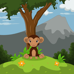 Cartoon cute baby monkey sitting in the grass