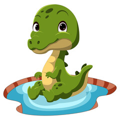 Cartoon baby crocodile sitting in the pond