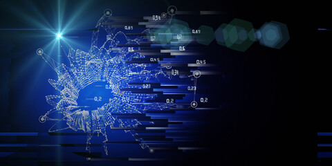 Abstract technology background with polygonal grid analyze and data in dark. Analytics algorithms data. Quantum  computing concept. Banner for business, science and technology. Big data.