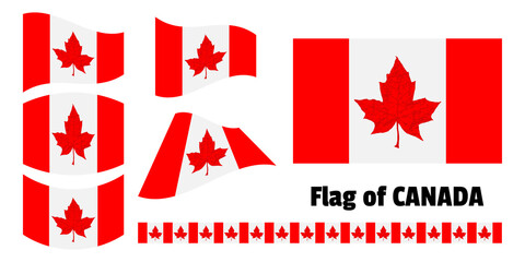Canadian waving flag collection on white background. National symbol Canada - red maple leaf. Set patriotic emblem. Vector illustration