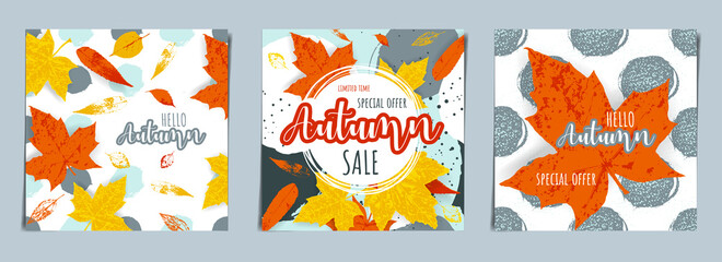 Set of abstract colorful autumn background. Square Poster, banner, invitation, discount voucher, flyer design with autumn fall leaves. Vector illustration