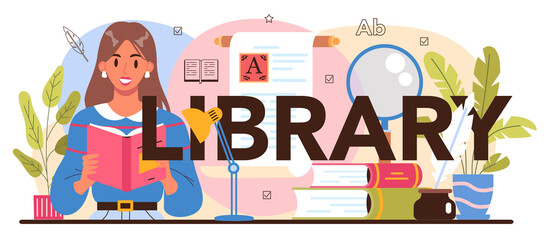 Library typographic header. Library staff cataloguing and sorting books
