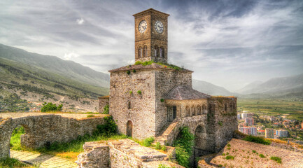Panoramic view to Gjirokastra castle with the wall, tower and Clock, Gjirokaster, Albania - 452661483